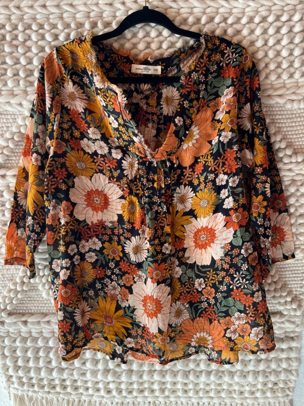 NATURAL LIFE Black Floral V-Neck Tunic with Orange & Yellow Flowers - Picture 3 of 8